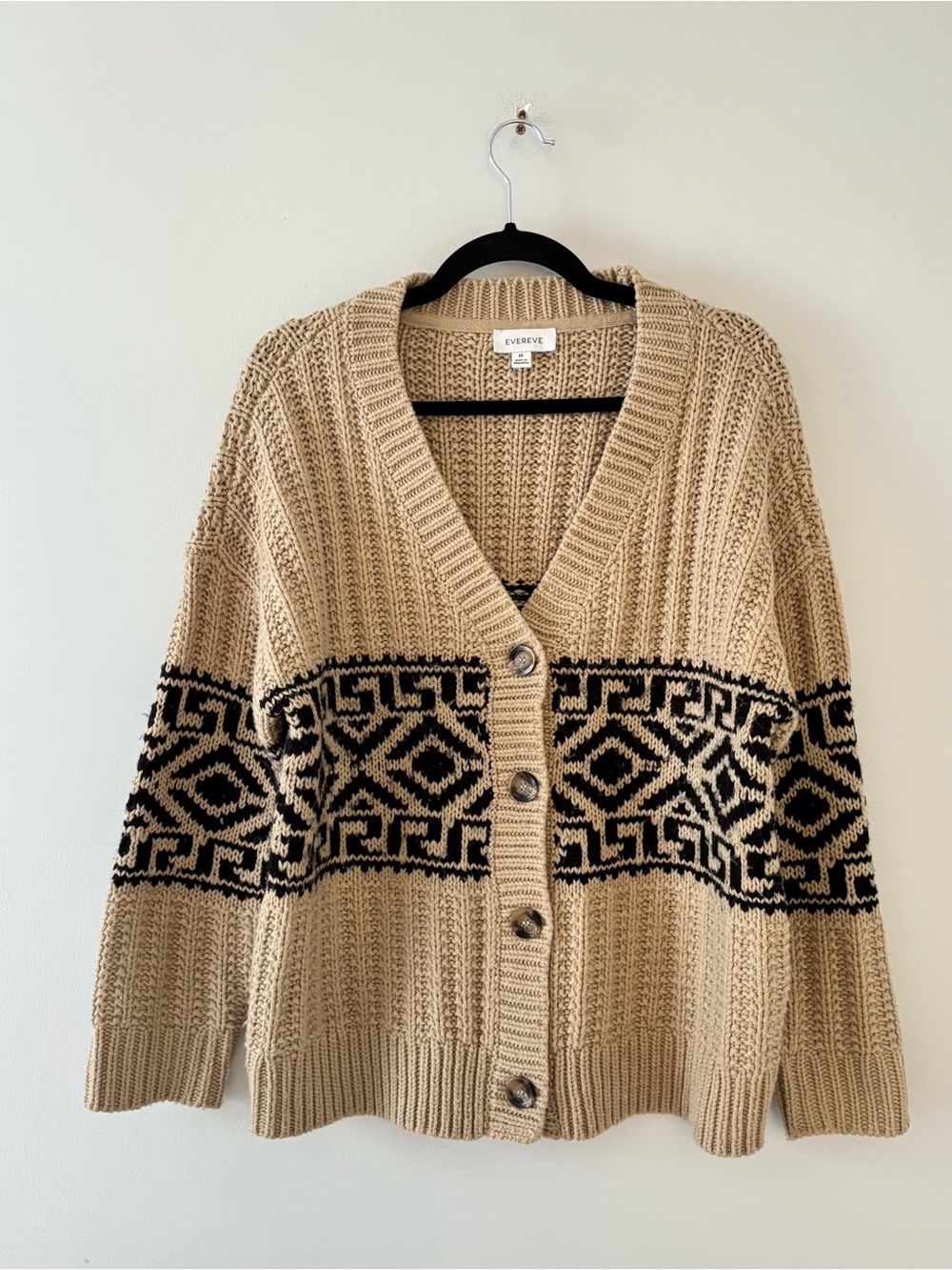 Evereve Amalie Mid Length Cardigan Sweater Oversized V-Neck Aztec Print Tan Knit
